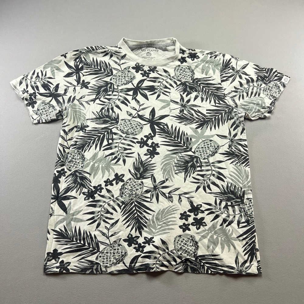 Free Planet T Shirt Mens Large White Black All Over Tropical Print Short Sleeve